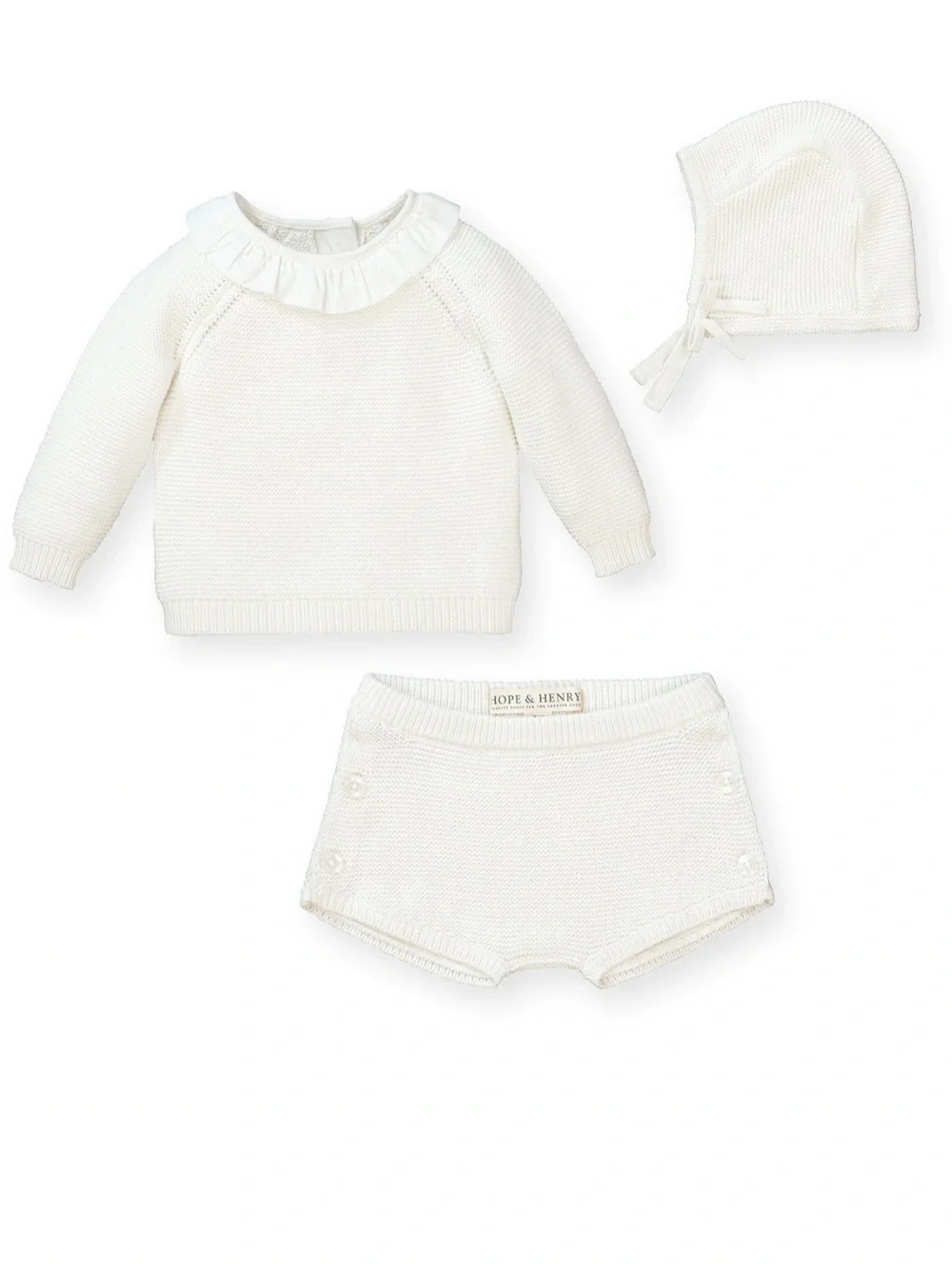 Hope and Henry Cream Knit Baby Sweater Set with Bloomer and Bonnet